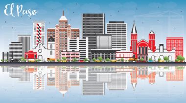El Paso manzarası ile gri binalar, mavi gökyüzü ve yansımaları.