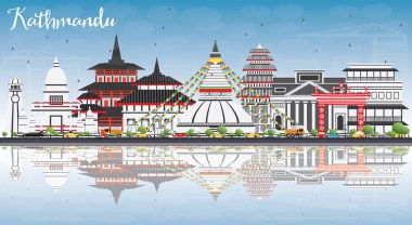 Katmandu manzarası ile gri binalar, mavi gökyüzü ve yansımaları.