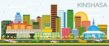 Kinshasa manzarası renkli binalar ve mavi gökyüzü ile.