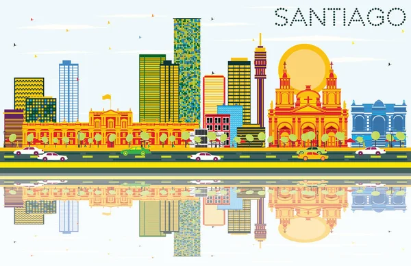 Santiago Chile Skyline con Edificios de Color, Cielo Azul y Reflec — Vector de stock