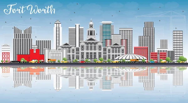 Skyline de Fort Worth avec bâtiments gris, ciel bleu et reflets — Image vectorielle