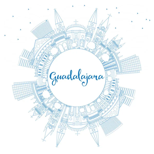 Περίγραμμα ορίζοντα Γκουανταλαχάρα με μπλε κτίρια και αντίγραφο χώρου. — Διανυσματικό Αρχείο