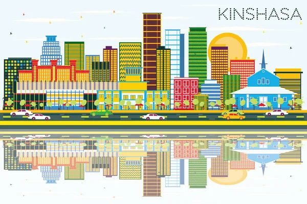 Kinshasa Skyline con edificios de color, cielo azul y reflexiones . — Vector de stock