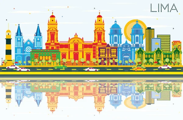 Lima Skyline z kolor budynków, Błękitne niebo i refleksje. — Wektor stockowy