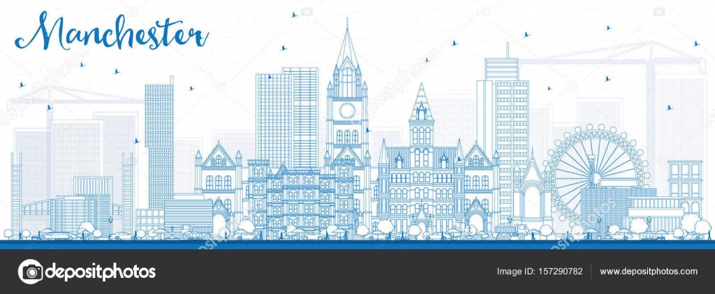 Outline Manchester Skyline with Blue Buildings. — Stock Vector ...