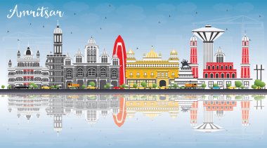 Amritsar manzarası ile gri binalar, mavi gökyüzü ve yansımaları.