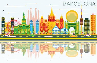 Barselona manzarası renkli binalar, mavi gökyüzü ve yansımaları ile