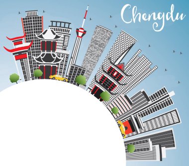 Chengdu manzarası gri binalar, mavi gökyüzü ve kopya alanı.