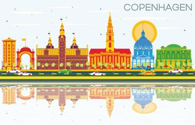Copenhagen manzarası renkli simge, mavi gökyüzü ve yansıma ile