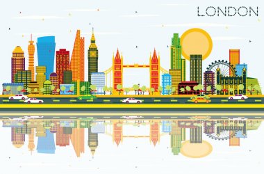 Londra manzarası renkli binalar, mavi gökyüzü ve yansımaları ile.