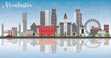 Manchester manzarası ile gri binalar, mavi gökyüzü ve yansımaları