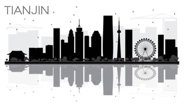 Tianjin City skyline black and white silhouette with reflections clipart