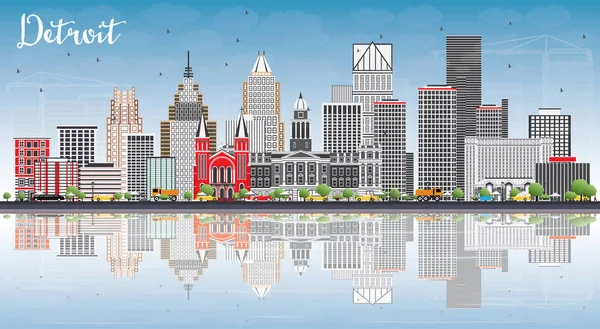 De Skyline van Detroit met grijs gebouwen, blauwe hemel en reflecties. — Stockvector