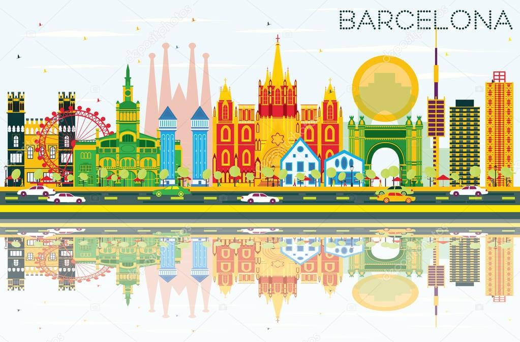 Barcelona Skyline with Color Buildings, Blue Sky and Reflections