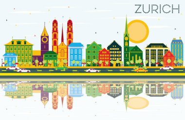 Zürih siluetinin renk binalar, mavi gökyüzü ve yansımaları ile.