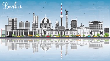 Berlin siluetinin gri binalar, mavi gökyüzü ve yansımaları ile.