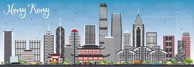 Hong Kong Skyline gri binalar ve mavi gökyüzü ile.