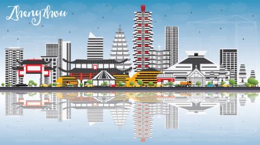 Zhengzhou manzarası ile gri binalar, mavi gökyüzü ve yansımaları.