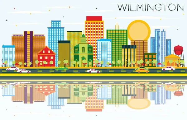 Wilmington Skyline con edificios de color, cielo azul y reflexión — Vector de stock