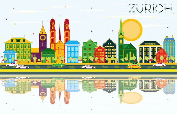 Zurique Skyline com edifícios coloridos, céu azul e reflexões . —  Vetores de Stock