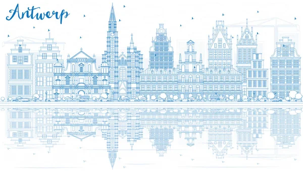 Esquema de Amberes Skyline con edificios azules y reflexiones . — Vector de stock