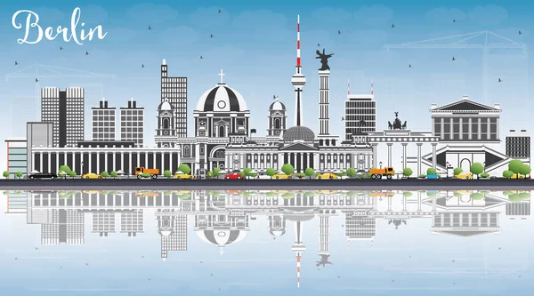 Panorama Berlin šedé budovy, modrá obloha a odrazy. — Stockový vektor