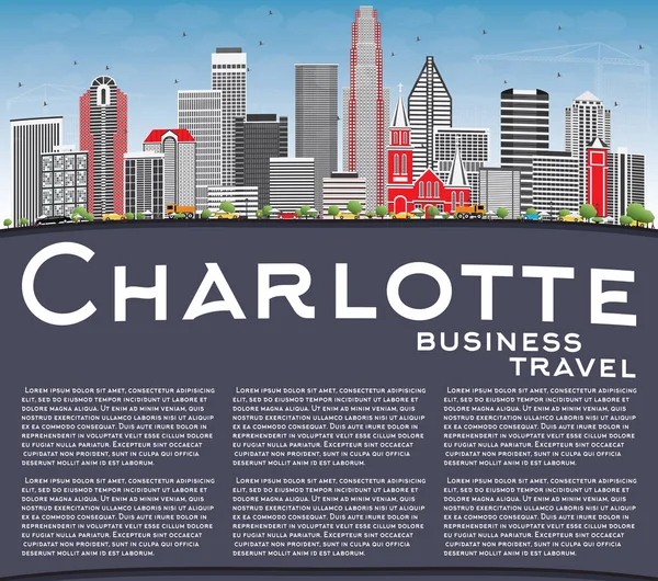 Charlotte Skyline met grijs gebouwen, blauwe hemel en kopie ruimte. — Stockvector