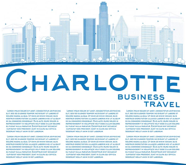 Esquema de Charlotte Skyline con edificios azules y espacio de copia . — Vector de stock