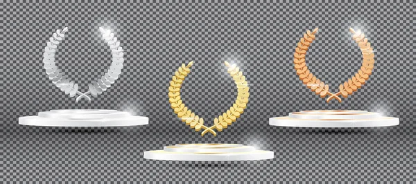 Oro Argento Bronzo Laurel Ghirlanda sulla piattaforma sulla schiena trasparente — Vettoriale Stock