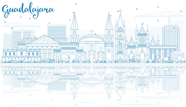 Outline Guadalajara Skyline with Blue Buildings and Reflections. - Stok Vektor