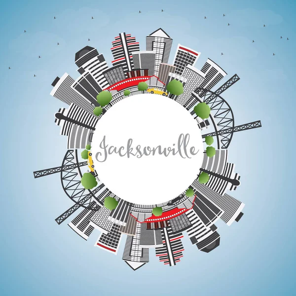 Jacksonville Skyline harmaa rakennukset, sininen taivas ja kopioi Spac — vektorikuva