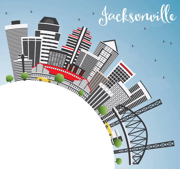 杰克逊维尔天际线与灰色建筑物、 蓝蓝的天空和副本 Spac — 图库矢量图片