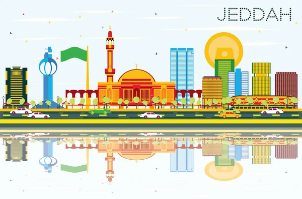 Jeddah Skyline с цветными зданиями, голубым небом и рефлексами . — стоковый вектор