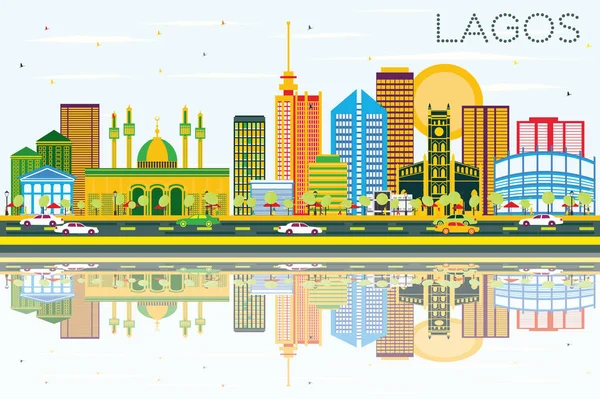 Skyline de Lagos con edificios a color, cielo azul y reflexiones . — Vector de stock