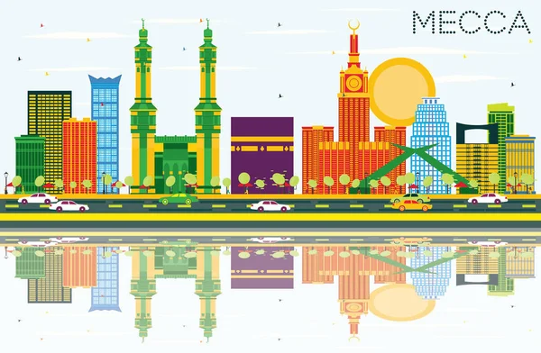 La Meca Skyline con puntos de referencia de color, cielo azul y reflexiones . — Vector de stock