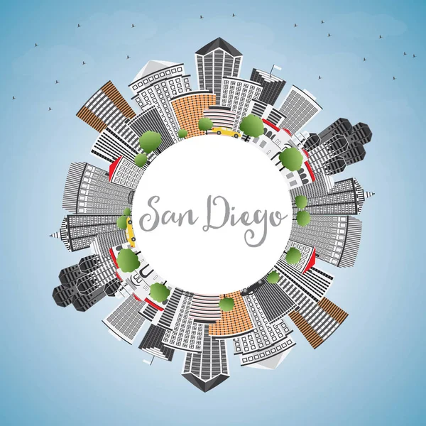 San Diego Skyline avec bâtiments gris, ciel bleu et espace de copie . — Image vectorielle