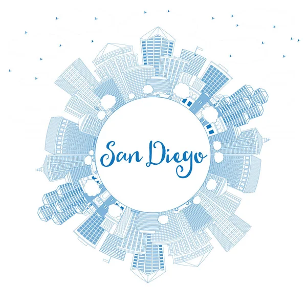Esquema de San Diego Skyline con Edificios Azules y Espacio para Copiar . — Archivo Imágenes Vectoriales