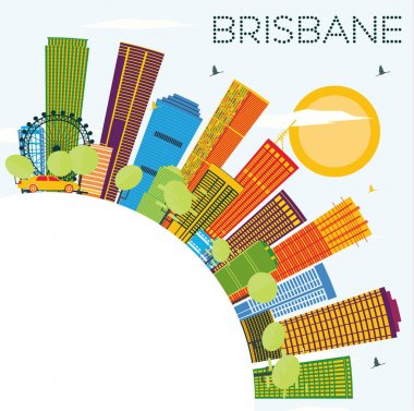 Brisbane manzarası renkli binalar, mavi gökyüzü ve kopya alanı.