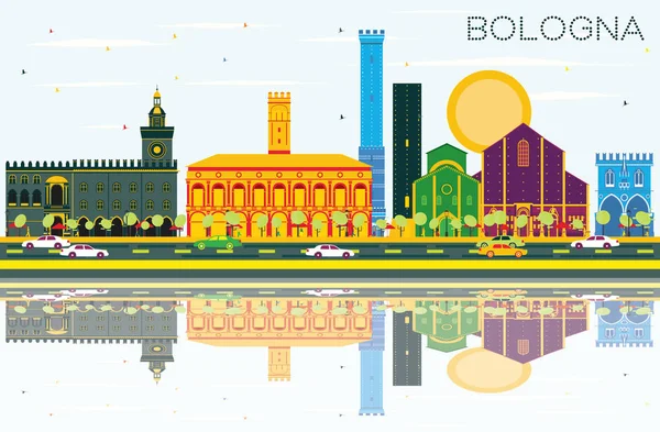 Bologna Skyline med färg sevärdheter, blå himmel och reflektioner. — Stock vektor