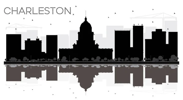 Charleston City silhouette noire et blanche avec reflets — Image vectorielle