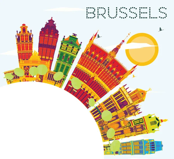 Βρυξέλλες στον ορίζοντα με χρώμα κτίρια, μπλε του ουρανού και αντίγραφο χώρου. — Διανυσματικό Αρχείο