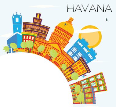 Havana manzarası renkli binalar, mavi gökyüzü ve kopya alanı.