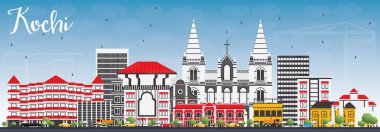 Kochi manzarası renkli binalar ve mavi gökyüzü ile.