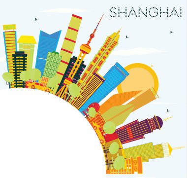 Shanghai manzarası renkli binalar, mavi gökyüzü ve kopya alanı.