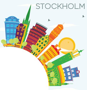 Stockholm manzarası renkli binalar, mavi gökyüzü ve kopya alanı.