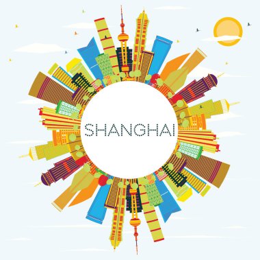 Shanghai manzarası renkli binalar, mavi gökyüzü ve kopya alanı.