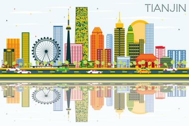 Tianjin manzarası renkli binalar, mavi gökyüzü ve yansımaları ile.