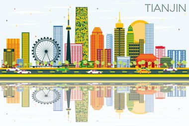 Tianjin Skyline with Color Buildings, Blue Sky and Reflections. clipart