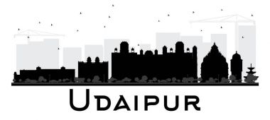Udaipur şehir manzarası siyah beyaz siluet.