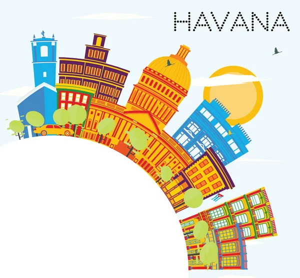 哈瓦那天际线与颜色建筑物、 蓝蓝的天空和副本空间. — 图库矢量图片